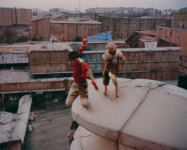 Prompt: lomo photo out of focus of roofjumpers climbing on roof of soviet hrushevka, small town, cinestill, bokeh, out of focus