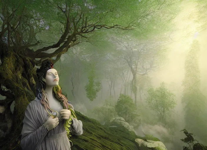 Image similar to a portrait of idealistic marble statue with fractal flowery hair and fair porcelain face and green eyes, in a magical forest, painted by, mc escher, gordon onslow ford, georgia o'keeffe and ivan aivazovsky, cinematic light, god rays, colourful, watercolour, unreal engine, zbrush central,