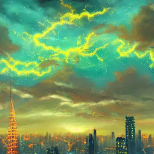 Image similar to beautiful oil painting of golden eastern dragon alone in sky, green lightning, night clouds, above city, high detail, trending in artstation