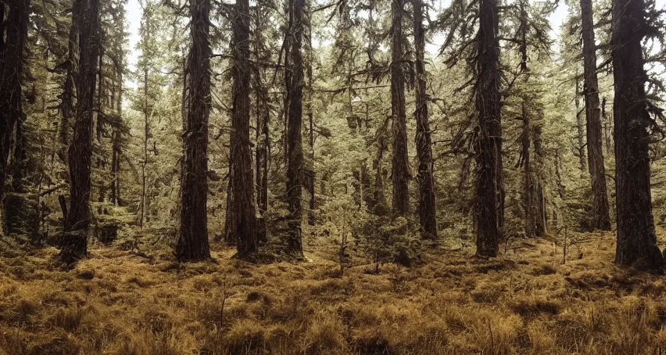 Prompt: First official image from Alejandro Landes' new western film Moss and Lead. Filmed by Jasper Wolf on ALEXA Mini, Vantage One T1 lens in Oregon's Siuslaw National Forest. Cinematography, contrast, nighttime.