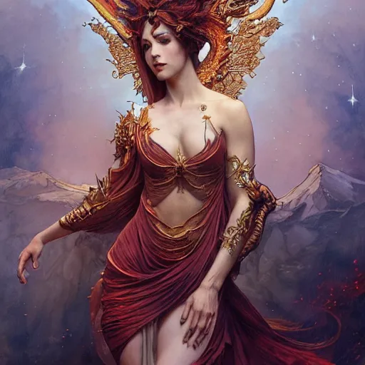 Image similar to a stunning dynamic pose full body of a celestial goddess of the dragons, intricate, 8k highly professionally detailed, hdr, CGSociety, dark fantasy, dynamic lighting, cinematic, pristine, smooth, cosplay, elegant, sharp focus, art by alphonse mucha and greg rutkowski,