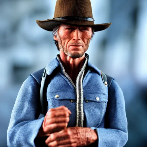 Image similar to clint eastwood action figure by hot toys. photo taken with nikon 8 5 mm f / 3. 5.