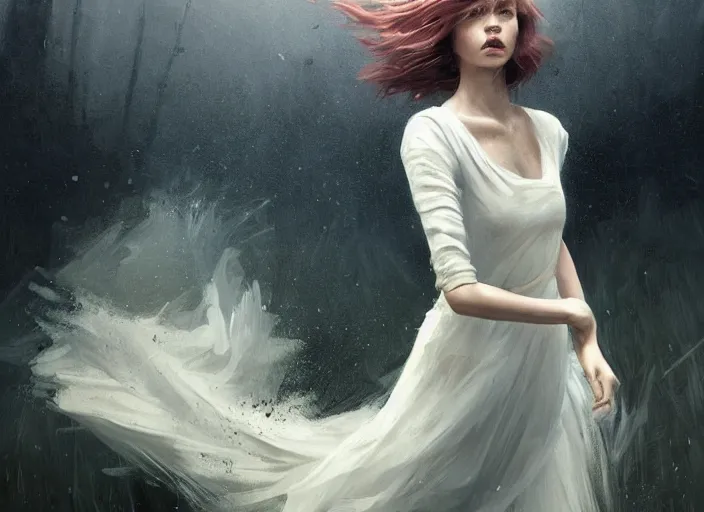 Image similar to white dress girl chasing from crazy grim reaper, messy hair, messy lines, scared face, beautiful and aesthetic and attractive, dramatic situation, specular reflection, occlusion shadow, intricate, bokeh, box office hit, masterpiece, by ilya kuvshinov and jeremy lipking and quentin mabille