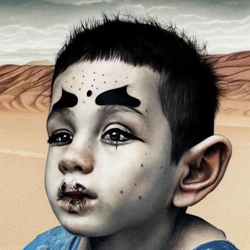 Image similar to a detailed portrait of a boy with a face tattoo in the desert, fantasy art illustration, incredibly highly detailed and realistic, 8 k, sharp focus