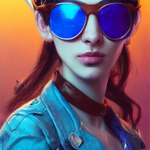 Image similar to very detailed masterpiece closeup painting of a very beautiful young mexican cyberpunk woman with light blue shutter shades, one side haircut, brown hair with light blue ends, purple leather jacket, beauty mark on cheek, portrait, synthwave background, artstation, concept art by greg rutkowski