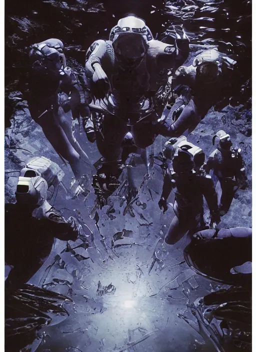 Image similar to astronauts in dark void underwater - complex and hyperdetailed technical suit. reflection and dispersion materials. rays and dispersion of light. volumetric light. f / 3 2. noise film photo. flash photography. ultra realistic, wide angle. poster by wayne barlowe, hajime sorayama aaron horkey, craig mullins