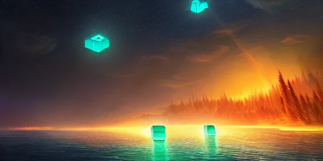 Image similar to beautiful concept art of glowing cubes in the middle of lake baikal, atmospheric lighting, intricate, volumetric lighting, beautiful, sharp focus, ultra detailed, in the art style of marc simonetti and brom gerald, astrophotography