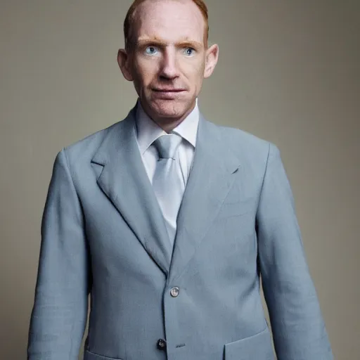 Image similar to photograph of a ginger man in his 40s, greenish blue eyes, small nose, clean shaven, no wrinkles, tall, wearing a white shirt and elegant gray dress jacket, looking into the distance