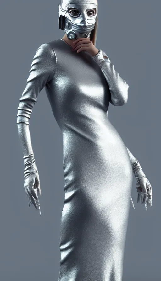 Prompt: a woman wearing a silver dress and a silver mask, cyberpunk art by zhou fang, cgsociety, computer art, daz 3 d, zbrush, rendered in maya