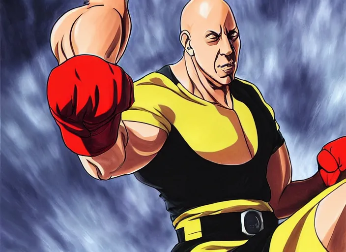 Image similar to vin diesel as saitama punching a car, hyperrealism