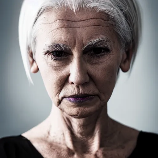 Image similar to portrait of a woman, sliver chains on face, white hair, natural, light makeup, cinematic, cinematic, focus