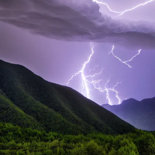 Prompt: the beautiful view of mountains while a thunderstorm strikes, photorealistic