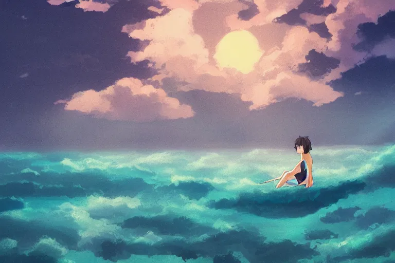 Image similar to anime woman sitting on surf board, tropical island, night time, storm in distance, wide angle, by studio ghibli, yuumei, anime, hazy, foggy, ambient lighting, cottagecore,