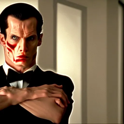 Image similar to a still of a Draconian in the American Psycho (2000), doing the Bateman stare, cinematic still, 4K Bluray