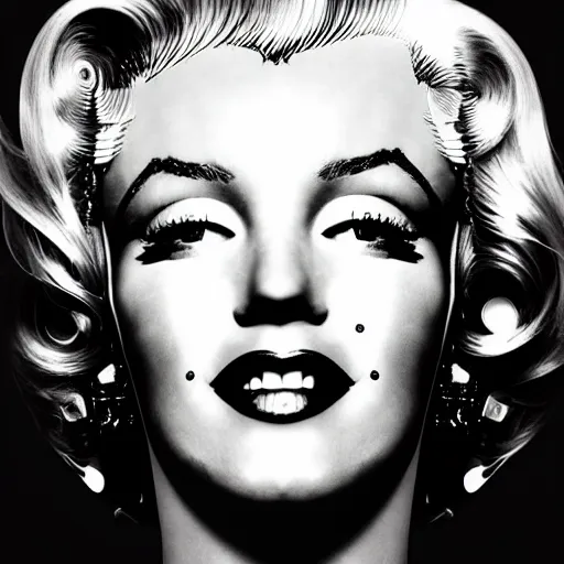 Image similar to beautiful centered Fine art photo portrait of Marilyn Monroe as a solarpunk robotic humanoid, black mechanical parts with led lights, photorealistic, white background wall, highly detailed and intricate, outdoor lighting, HDR 8k