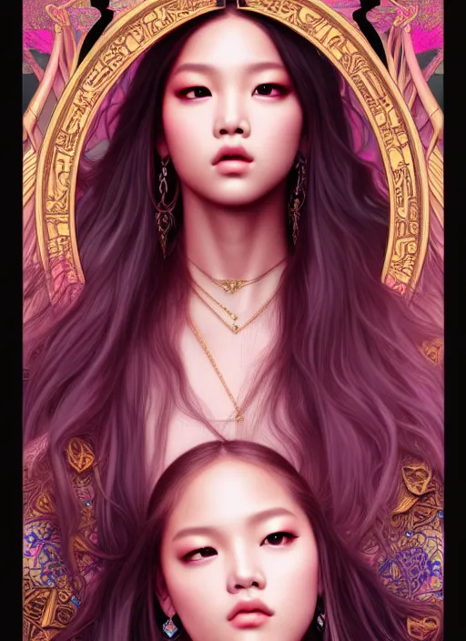 Image similar to jennie of blackpink, queen, tarot card, highly detailed, digital painting, smooth, sharp focus, illustration, ultra realistic, unreal engine, 8 k, art by artgerm and alphonse mucha