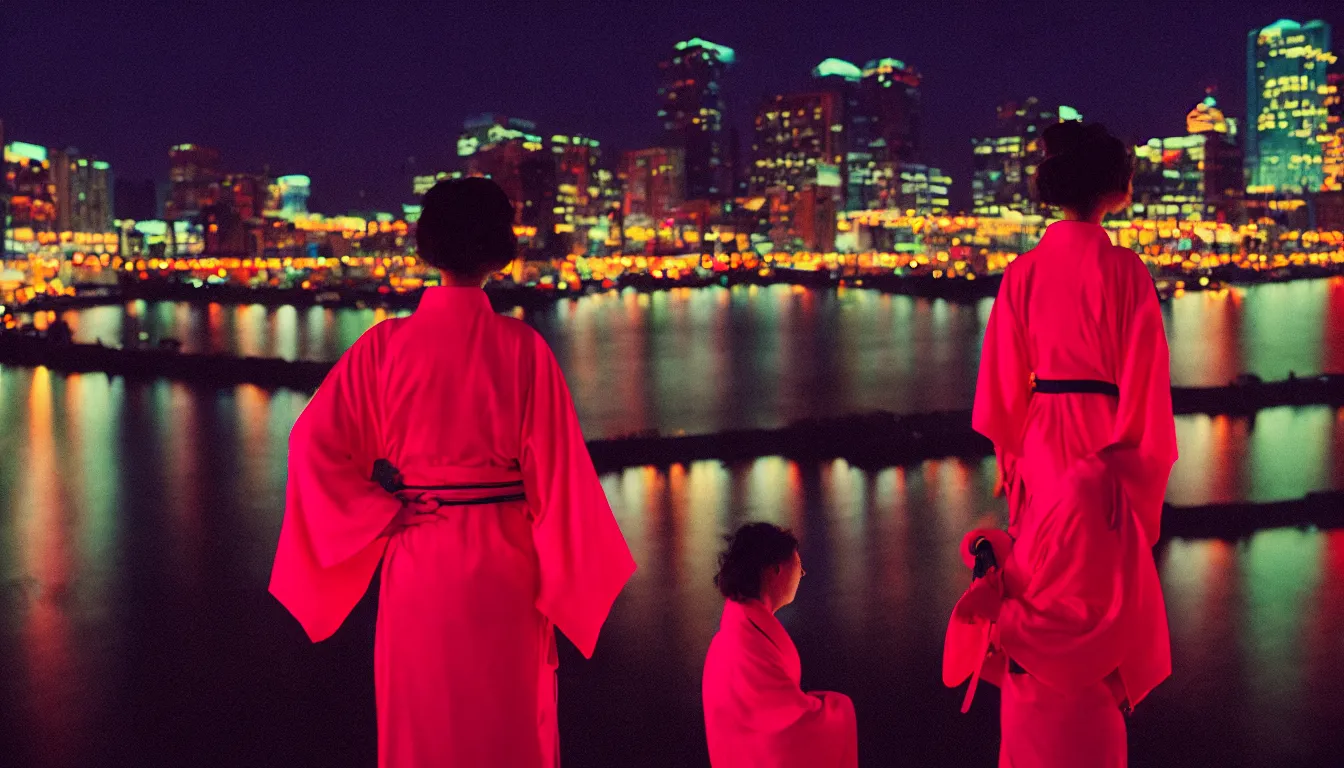 Image similar to 80s neon movie still with a lonely woman in a kimono standing by a river at night with city lights in front of her. She is looking at the city. hyperrealistic, high definition, medium format photography, highly detailed, technicolor, anamorphic 50mm lens