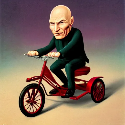 Image similar to Captain Picard on a tricycle, lowbrow painting by Mark Ryden