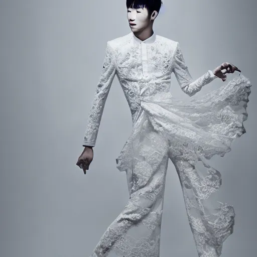 Image similar to a beautiful young korean male wearing a translucid lace wedding gown designed by alexander mcqueen, photographed by andrew thomas huang for a fashion editorial