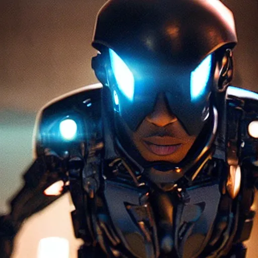 Prompt: movie still of a cool black cyborg, cinematic composition, cinematic light, by edgar wright