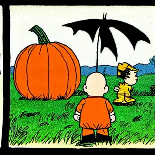 Image similar to the great pumpkin monster appears in a field and chases charlie brown and linus, dark, brooding, illustrated, award - winning, sinister,