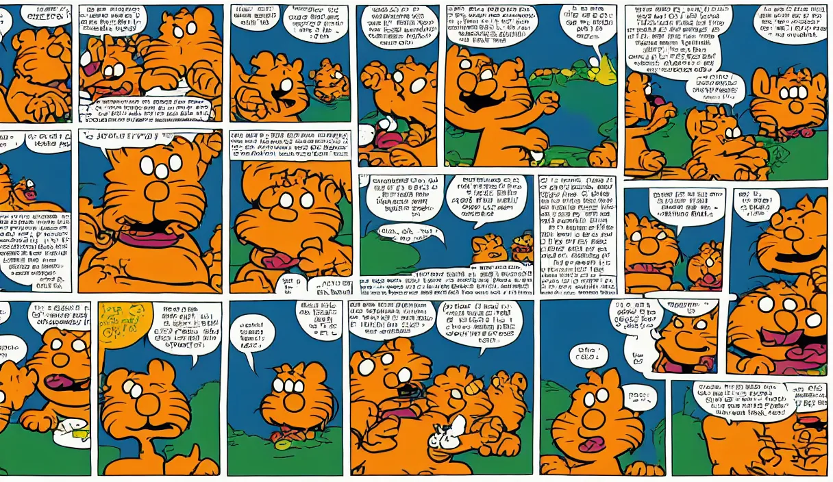 Image similar to garfield comic strip, 3 panels, illustrated by Jim Davis