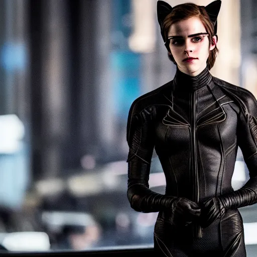 Prompt: Emma Watson as Catwoman, XF IQ4, f/1.4, ISO 200, 1/160s, UHD, crisp, Sense of Depth, Depth Layering, AI enhanced, HDR, in-frame