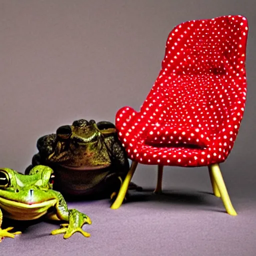 Image similar to A toad seated on an amanita-colored chair, a frog in a relaxing pose manspreading on a toadstool, chair with a red polka dot pattern