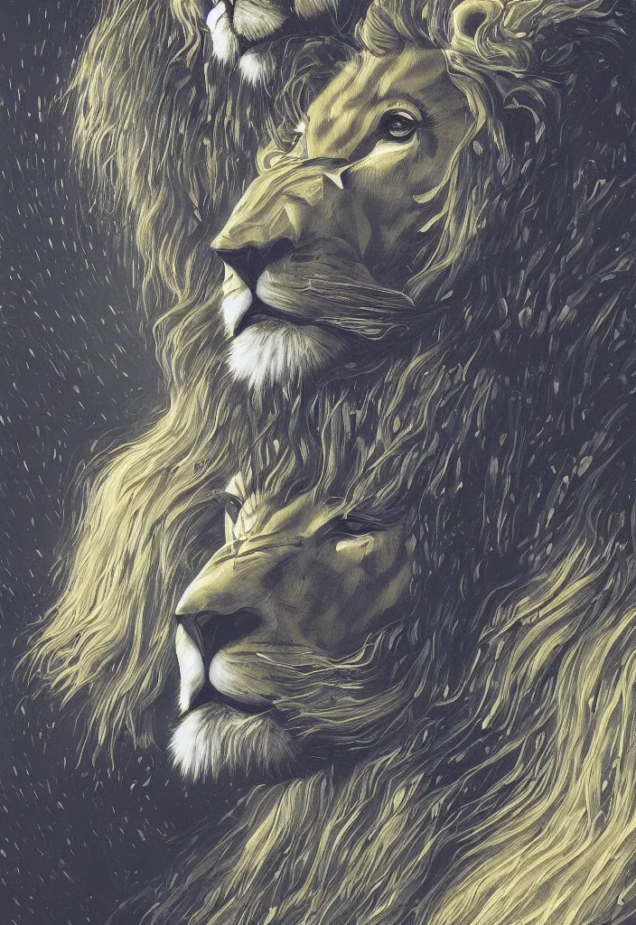 Image similar to a portrait of a lion with a flowing mane looking directly at the camera by simon stalenhag and umberto boccioni dark, magical, fantasy, trending on artstation, digital art.