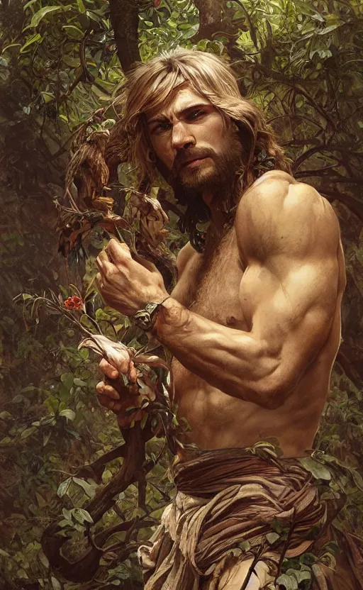 Image similar to god of the forest, 3 0 years old, rugged handsome, male, gorgeous, detailed face, clean lines, cinematic light, amazing, full body, flowers, muscular, intricate, highly detailed, digital painting, artstation, concept art, sharp focus, illustration, art by greg rutkowski and alphonse mucha