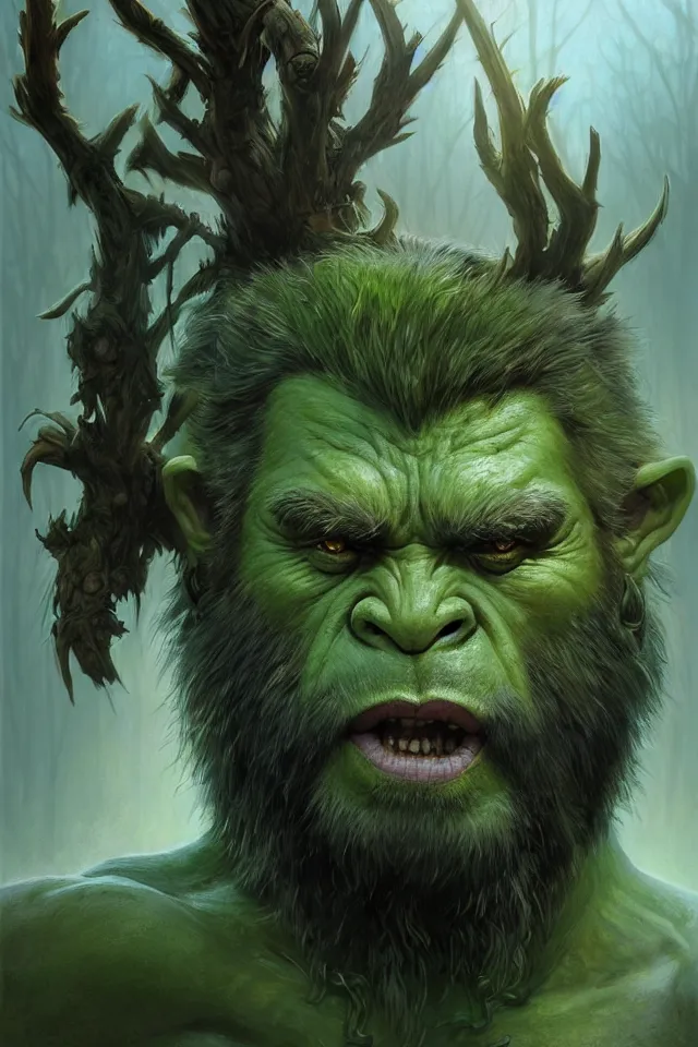 Prompt: portrait of a druidic green mountain orc, looking at camera, d & d, savage warrior, fur attire, aztec hair, large noses, intricate, fantasy, extremely detailed, digital painting, artstation, concept art, smooth, sharp focus, illustration, ambient lighting, art by artgerm and greg rutkowski and alphonse mucha and simon stalenhag