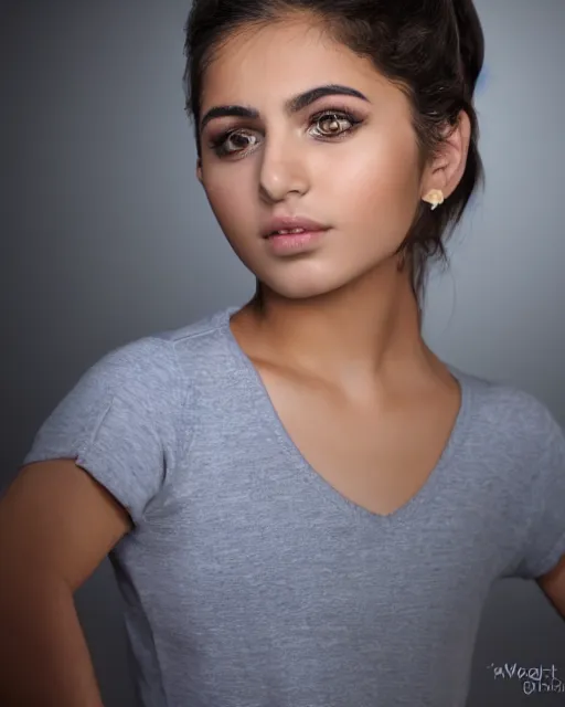 Image similar to a highly realistic, true to life portrait of a beautiful young middle eastern girl, sharp focus, from the waist up, under studio lighting, taken with a canon eos camera with 1 3 5 mm focal length, trending on artstation.
