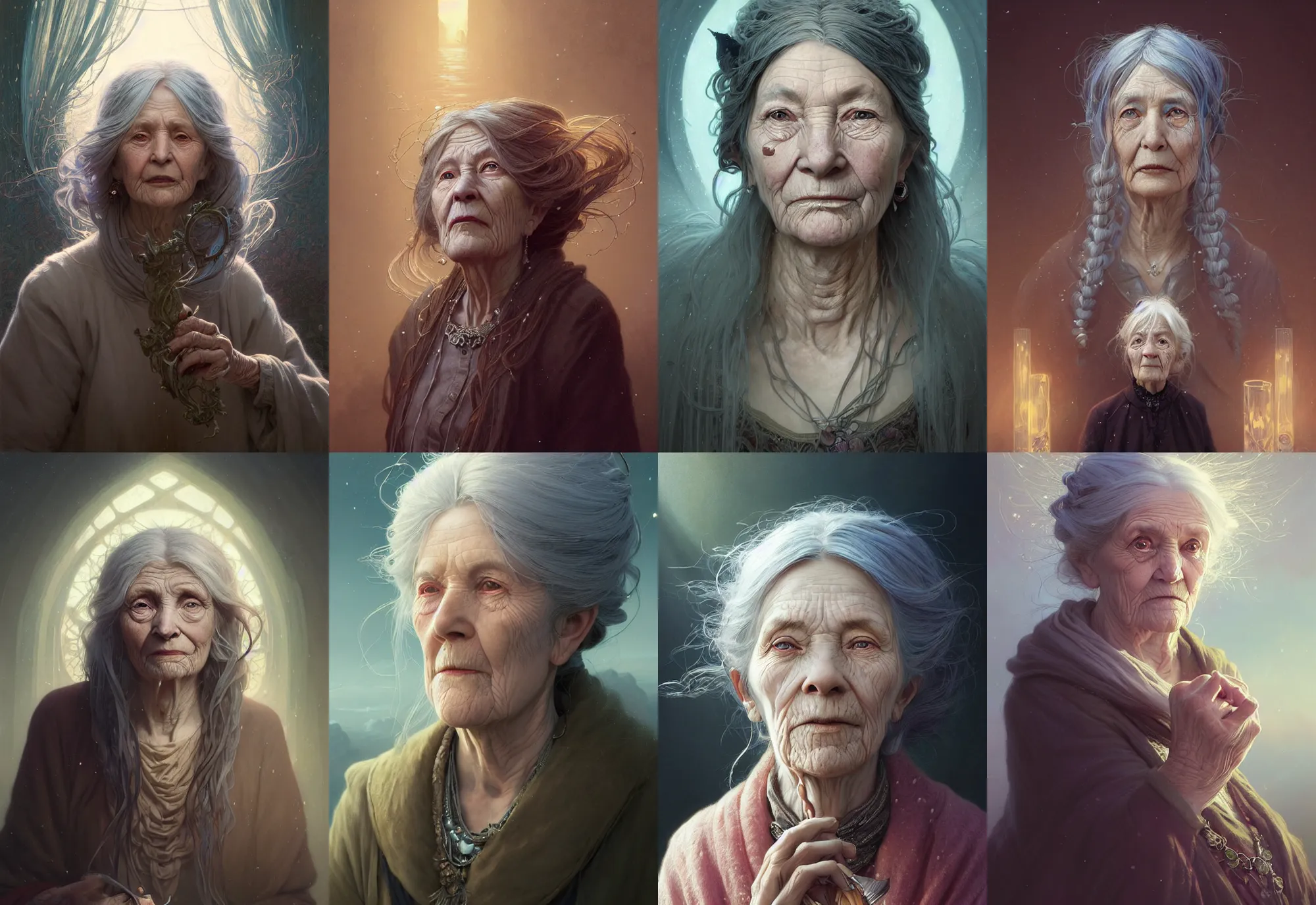 Image similar to highly detailed portrait of an old woman with long hairs, stephen bliss, unreal engine, fantasy art by greg rutkowski, loish, rhads, ferdinand knab, makoto shinkai and lois van baarle, ilya kuvshinov, rossdraws, tom bagshaw, alphonse mucha, global illumination, radiant light, detailed and intricate environment