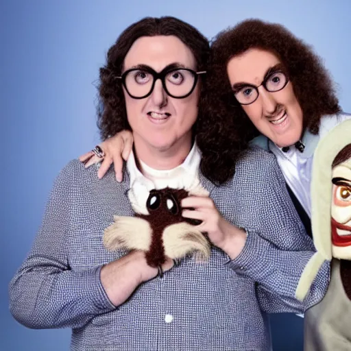 Image similar to weird al with a ventriloquist puppet of himself