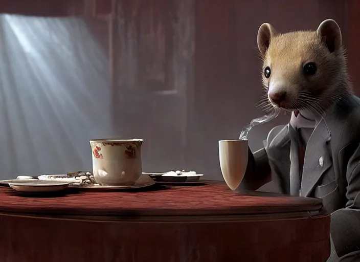 Image similar to A very high resolution image from a new movie, A Weasel wearing a suit drinks tea in a shabby Chinese room, surrounded by water vapor,beatiful backgrounds,dramatic Lighting, directed by hao ning