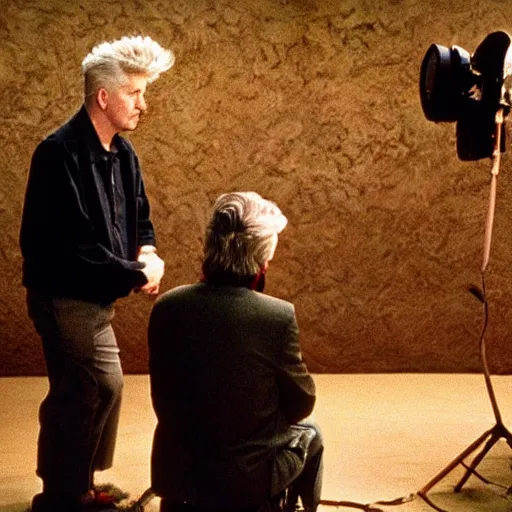 Prompt: David lynch directing on the set of Twin Peaks circa 1991