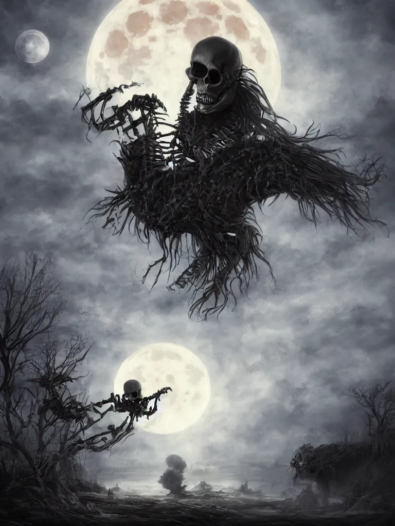 Prompt: a very large and scary skeleton with very soft and luminous colors dances in an apocalyptic landscape with steamer and smoke under the moon in twilight, darkart, hyperdetailed, hyperealistic, cinematography, 8k, Artstation, Deviantart, very beautiful