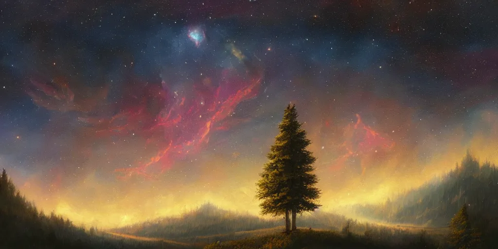 Prompt: painting of a landscape with a nebula as the sky, fir trees, beautiful, trending on artstation, ultra high detail