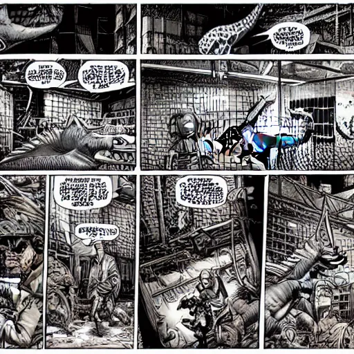 Image similar to intricate detailed comic panel illustration of cyborg punk street kids with a pet dinosaur in a warehouse rave, no speech bubbles, dystopian, cyberpunk, full-color