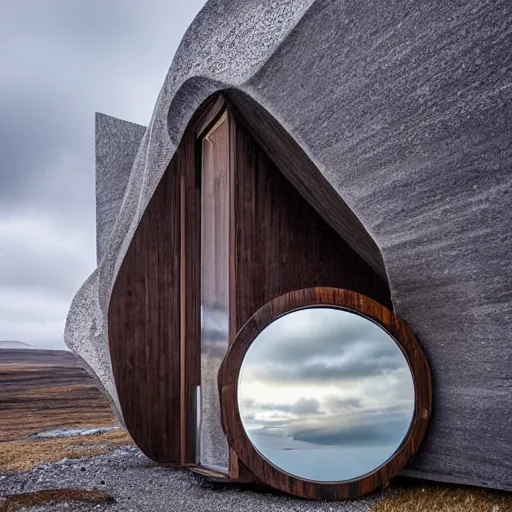 Image similar to futuristic architect house made from deconstucted wood and mirrors, iceland landscape photography, by lurie belegurschi and gunnar freyr