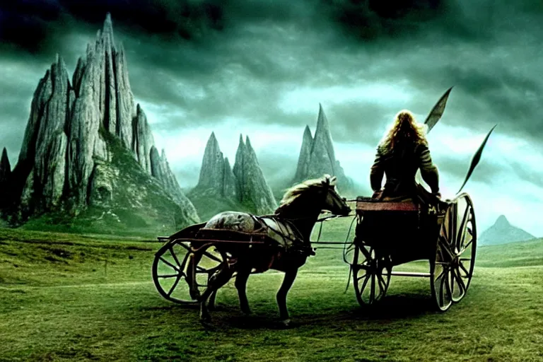 Prompt: gandalf riding into the shire on a horse drawn cart, style of h. r. giger, cinematic, movie still, cgi, directed by ridley scott