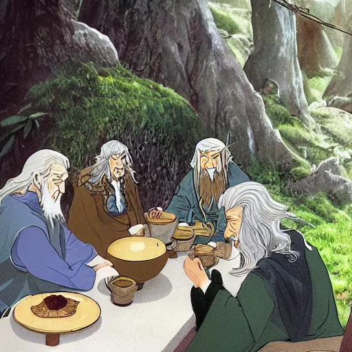 Prompt: lord of the rings gandalf drinking tea with hobbits in the shire, anime studio ghibili