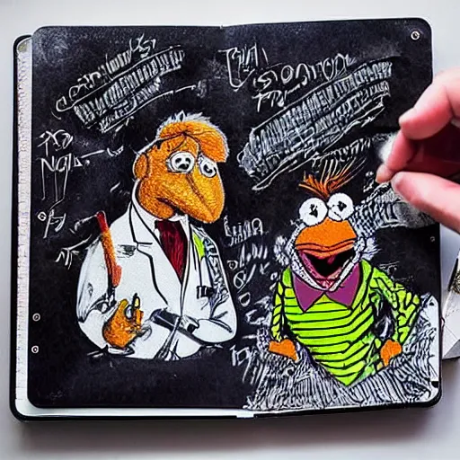 Image similar to notebook lying open on a desk, filled with insane scribbled doodles of muppets, scribbled by a mad scientist