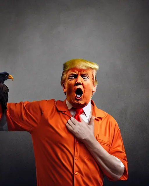 Image similar to closeup portrait of of angry donald trump wearing orange prison pajamas sitting on a bed kissing a bald eagle in a filthy prison, cinematic masterpiece, octane, dramatic lighting, editorial photo, 35mm, very detailed