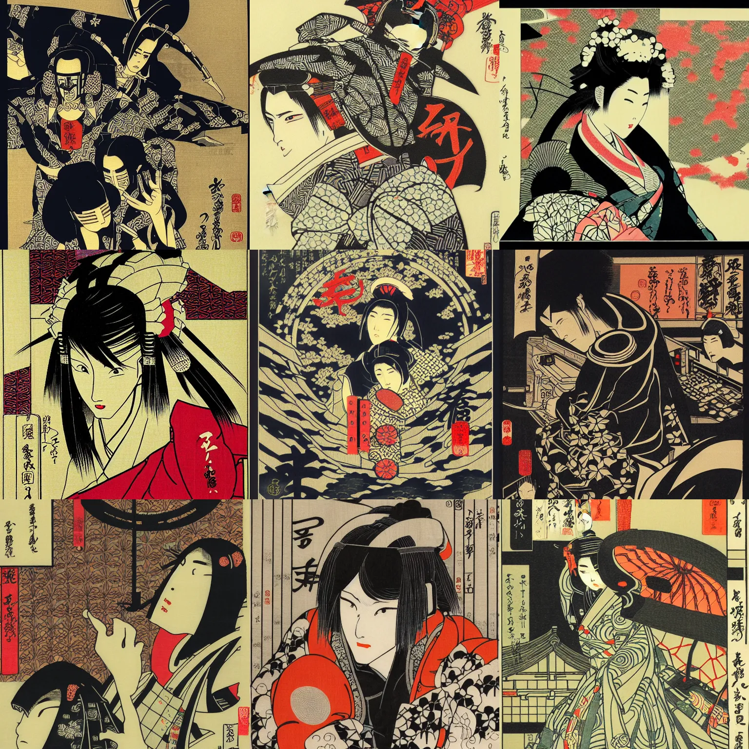 Prompt: japanese cyberpunk silk screen by utagawa yoshiiku, ohara koson, pixiv contest winner
