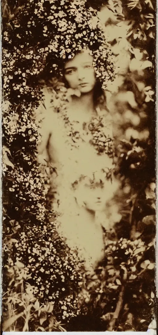 Image similar to portrait of a beautiful woman covered in flowers, Forest, ray gods, 1910 polaroid photography