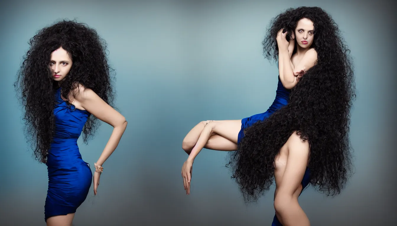 Image similar to a portrait photography of a beautiful woman with black long curly hair and full body dress in blue by Annie Leibovitz, soft professional studio lighting, dramatic colors scheme, fine art photography, dramatic colors background, 50 mm sigma art