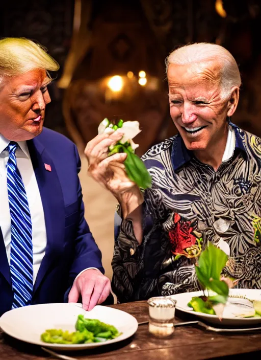 Image similar to Trump and Biden having dinner at a fancy Balinese restaurant, award winning photography, sigma 85mm Lens F/1.4, perfect faces