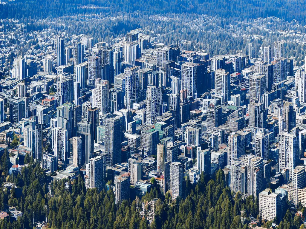 Prompt: bird's eye view photo of a metropolis highrise city with skyscrapers, redwood forest separating from industrial district