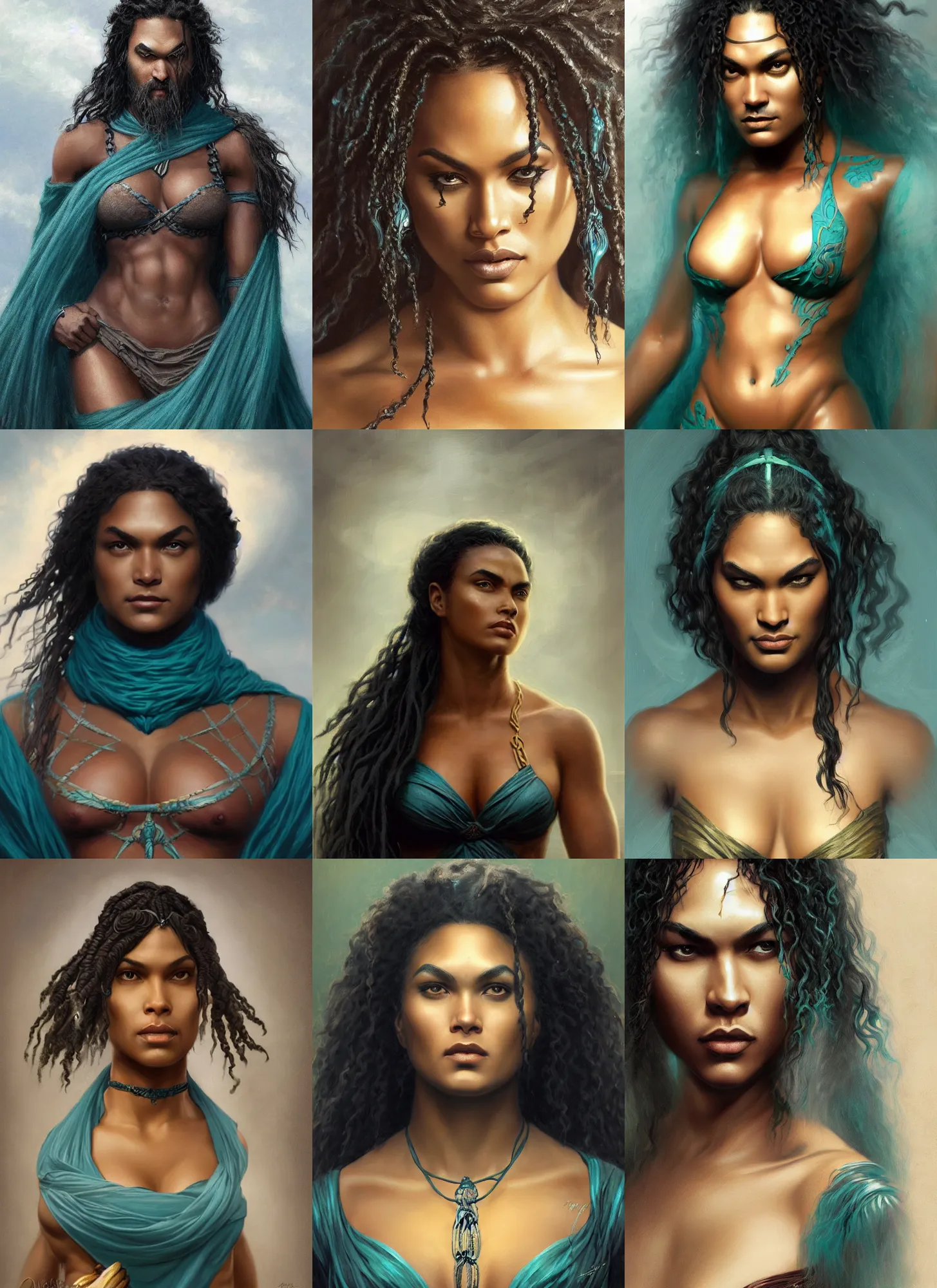 Prompt: black female jason momoa, teal cloth, intricate, elegant, highly detailed, digital painting, artstation, concept art, smooth, sharp focus, illustration, orientalism, edwin long, theodore ralli, aleksi briclot, rutkowski, bouguereau